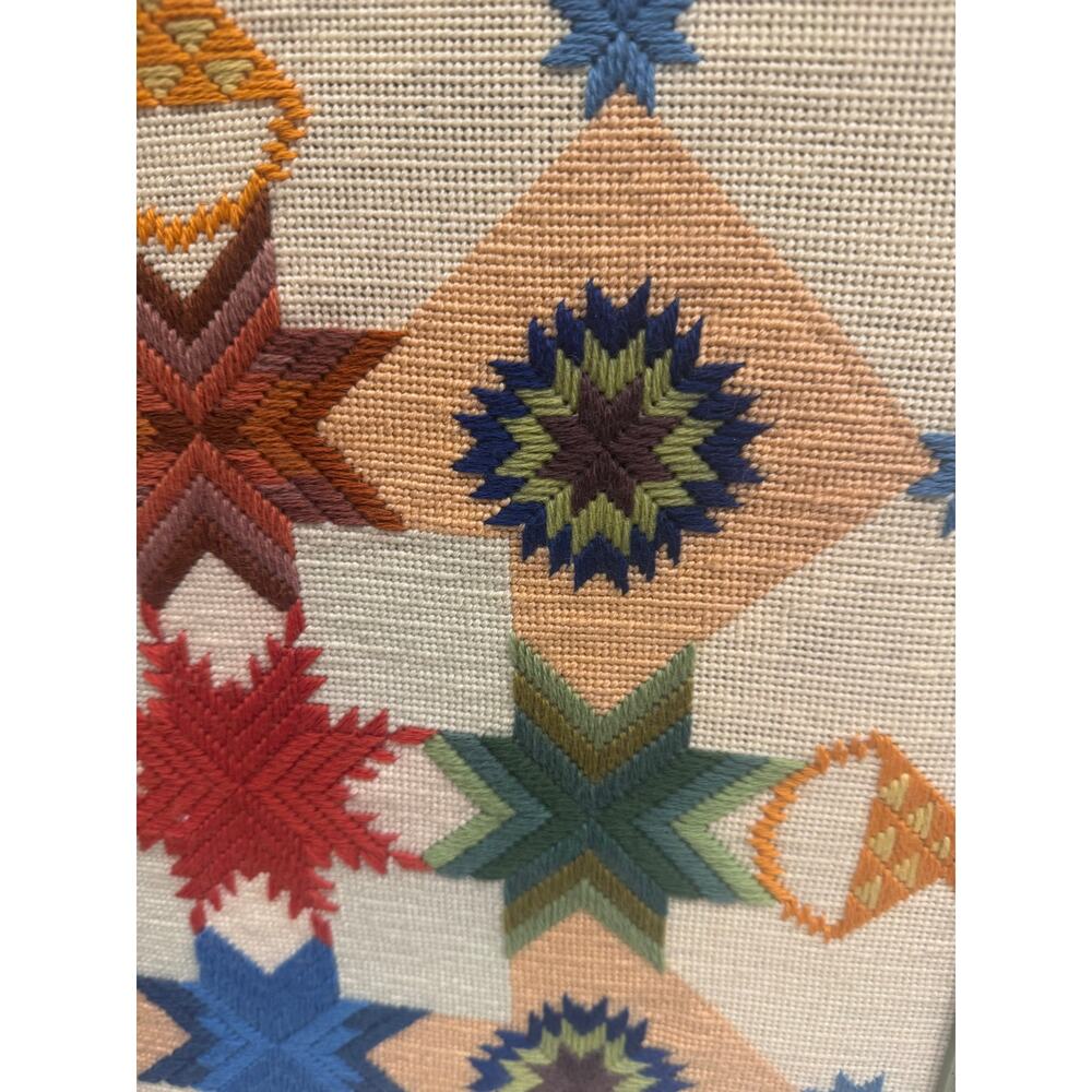 Vintage 1975 Framed Cross Stitch Hand Embroidery Colorful Textile Art 18.5x18.5" - Picture 3 of 9
